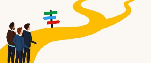 Three men at a crossroads