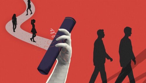 Women and men walking