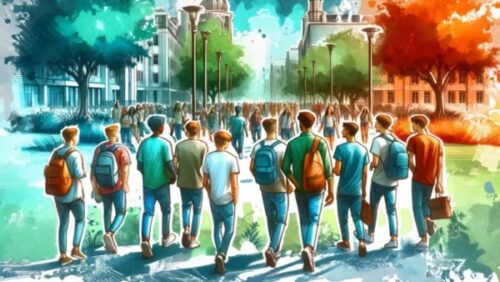 Drawing of men on a college campus