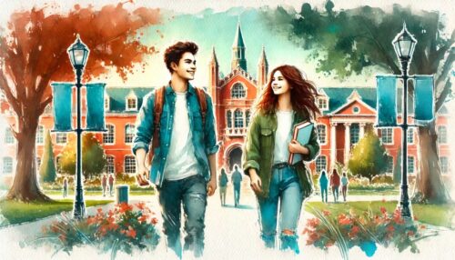 Two students walking together on college campus